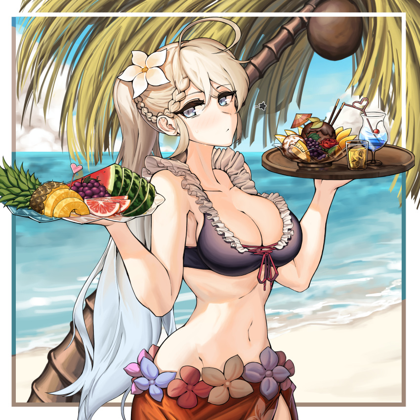 1girl absurdres beach bikini blonde_hair border braid breasts cleavage closed_mouth cocktail_pick cocktail_umbrella coconut collarbone commentary_request cowboy_shot crazy_straw cup day drinking_glass drinking_straw eyebrows_visible_through_hair flower food french_braid frilled_bikini frills fruit g36_(girls'_frontline) girls'_frontline glass hachirodesu hair_flower hair_ornament head_tilt heart_straw highres holding holding_tray light_blue_eyes long_hair looking_at_viewer medium_breasts multicolored_hair navel ocean outdoors outside_border palm_tree pocky ponytail purple_swimsuit sarong shot_glass side_braid solo swimsuit tray tree very_long_hair w_arms