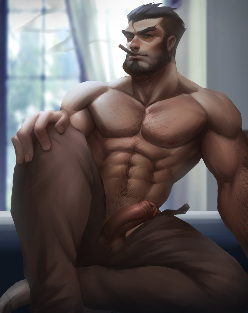 1boy abs absurdres arm_hair bara beard blurry blurry_background brown_hair chest_hair cigar dark-skinned_male dark_skin erection facial_hair foot_out_of_frame foreskin forked_eyebrows gazef_stronoff hair_slicked_back hairy highres knee_up looking_at_viewer male_focus male_pubic_hair mature_male military military_uniform muscular muscular_male navel navel_hair nipples official_alternate_costume open_fly overlord_(maruyama) pectorals penis pubic_hair short_hair sitting smoking solo stomach thick_eyebrows topless_male uncensored uniform uu_(pixiv11319066) window