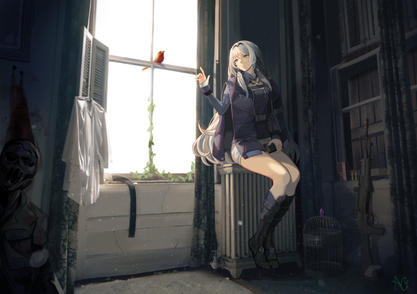 1girl an-94 an-94_(girls'_frontline) assault_rifle bird black_footwear black_hairband blue_eyes boots breasts bullet closed_mouth commentary english_commentary eyebrows_visible_through_hair girls'_frontline gun hair_ornament hairband hairclip highres holding_magazine_(weapon) indoors knee_boots legs long_hair looking_away niac platinum_blonde_hair rifle scenery silver_hair sitting small_breasts solo tactical_clothes weapon window