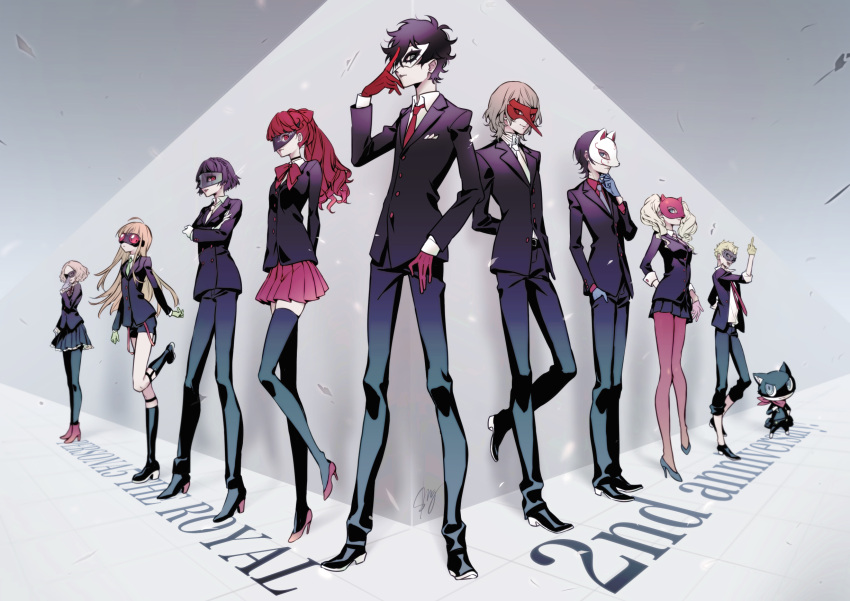 5boys 5girls akechi_gorou amamiya_ren anniversary black_hair blonde_hair boots brown_hair cat_mask commentary_request copyright_name formal fox_mask goggles high_heels highres kitagawa_yuusuke looking_at_viewer mask morgana_(persona_5) multiple_boys multiple_girls necktie niijima_makoto okumura_haru persona persona_5 persona_5_the_royal sakamoto_ryuuji sakura_futaba scarf shimogu short_shorts shorts skirt standing suit takamaki_anne thighhighs yoshizawa_kasumi