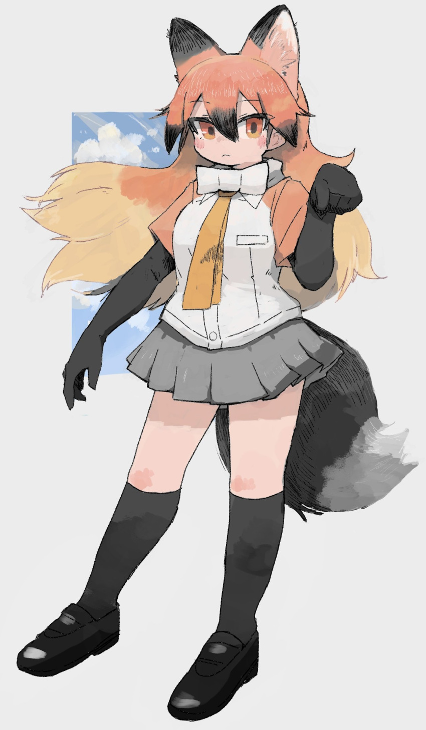 1girl animal_ear_fluff animal_ears black_footwear black_gloves black_hair black_legwear blonde_hair blush bow buttergirl_02 closed_mouth cloud elbow_gloves gloves grey_background grey_necktie hair_between_eyes highres kemono_friends light_rays long_hair multicolored_hair necktie orange_eyes orange_hair orange_necktie red_fox_(kemono_friends) skirt sky solo standing tail white_bow