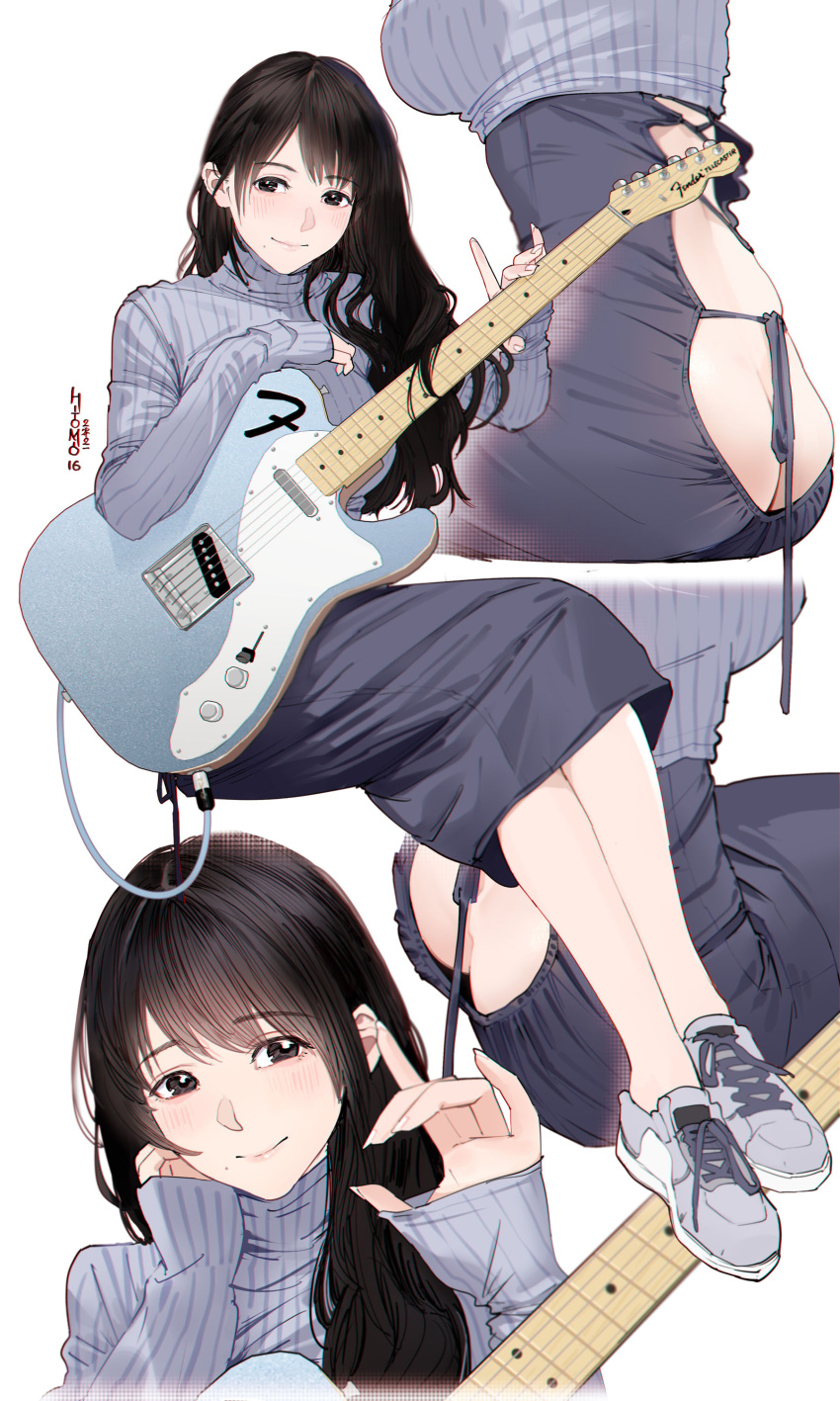 1girl absurdres ass backless_dress backless_outfit bangs bare_legs black_eyes black_hair blue_dress blue_sweater butt_crack chinese_commentary commentary_request dress electric_guitar fender fender_telecaster guitar highres hitomi_o instrument long_hair long_sleeves mixed-language_commentary multiple_views original parted_bangs ribbed_sweater shoes sitting sneakers sweater turtleneck turtleneck_sweater