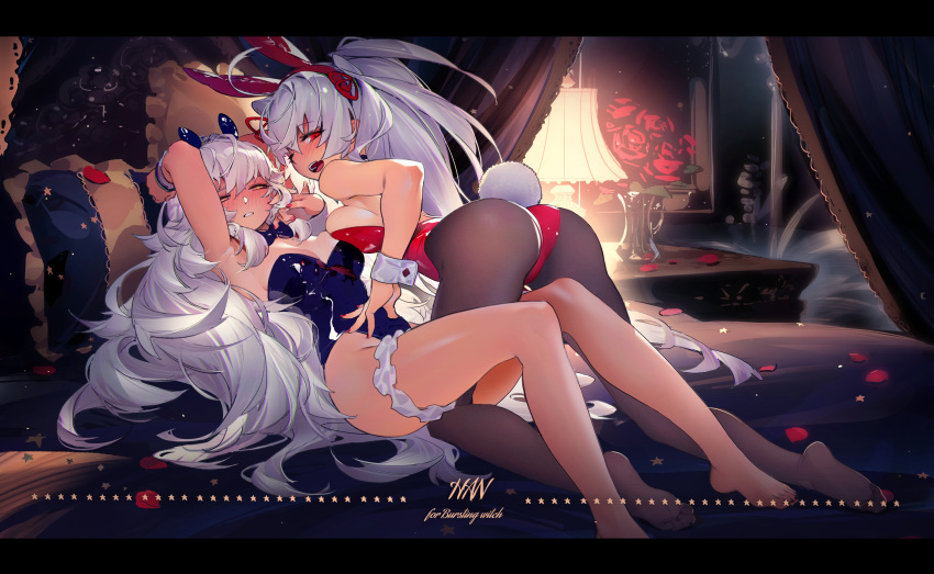 2girls absurdres animal_ears armpits arms_up barefoot blue_leotard blush bunny fake_animal_ears flower han-0v0 highres leotard long_hair looking_at_viewer looking_back multiple_girls on_bed original pantyhose pillow playboy_bunny rabbit_ears rabbit_tail red_eyes red_flower red_leotard red_ribbon red_rose ribbon rose silver_hair tail thigh_strap white_hair yellow_eyes