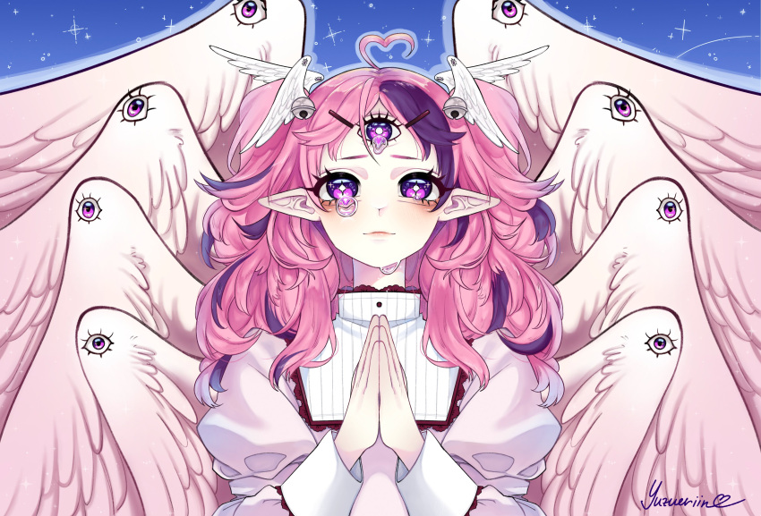 1girl absurdres ahoge angel bangs biblically_correct_angel crying crying_with_eyes_open dress english_commentary extra_eyes hair_behind_ear head_wings heart_hair highres ironmouse juliet_sleeves long_hair long_sleeves multiple_wings own_hands_together parted_bangs pink_dress pink_hair pointy_ears puffy_sleeves purple_eyes purple_hair seraph solo tears third_eye virtual_youtuber vshojo wings yuzueriin