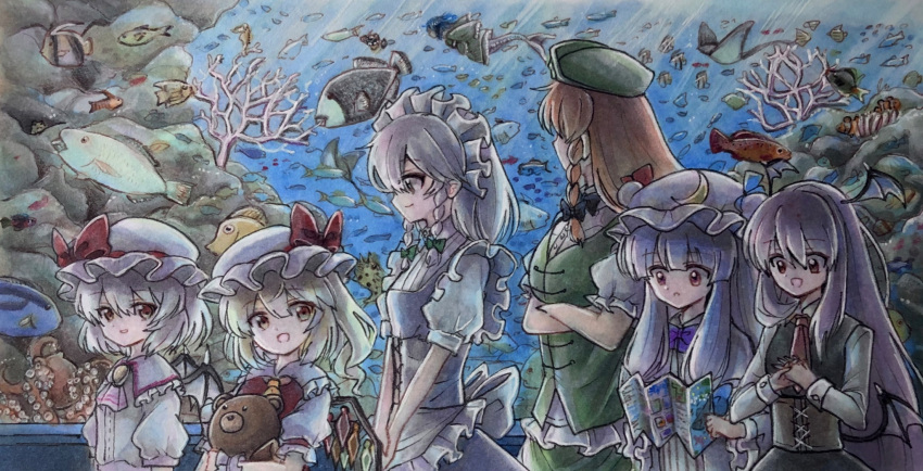 6+girls apron aquarium ascot back_bow bangs bat_wings black_ribbon blonde_hair blue_ribbon blue_shirt blue_skirt bow bowtie braid brooch buttons crescent crescent_hat_ornament crossed_arms crystal demon_tail demon_wings dress eyebrows_visible_through_hair fish fish_request flandre_scarlet frilled_shirt frilled_shirt_collar frilled_sleeves frills from_side green_ribbon green_vest hair_between_eyes hat hat_ornament hat_ribbon head_wings highres hisako_(6anmbblfnjueeff) hong_meiling izayoi_sakuya jewelry koakuma long_hair maid maid_headdress medium_hair mob_cap multiple_girls one_side_up open_mouth patchouli_knowledge puffy_short_sleeves puffy_sleeves purple_bow purple_bowtie purple_eyes purple_hair purple_ribbon reading red_bow red_eyes red_hair red_ribbon red_vest remilia_scarlet ribbon sash shirt short_hair short_sleeves sidelocks silver_hair skirt skirt_set smile striped striped_dress stuffed_animal stuffed_toy tail teddy_bear touhou traditional_media twin_braids vertical-striped_dress vertical_stripes vest wakasagihime white_shirt wings wrist_cuffs yellow_eyes yellow_neckwear