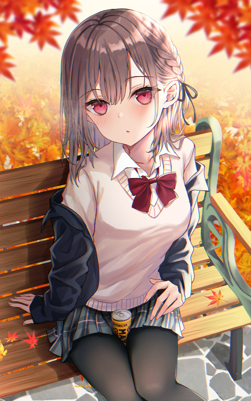 1girl absurdres akino_ell autumn autumn_leaves bangs bench between_thighs black_jacket black_legwear black_ribbon blush bow braid brown_hair brown_sweater collared_shirt commentary_request eyebrows_visible_through_hair feet_out_of_frame georgia_max_coffee grey_skirt hair_between_eyes hair_ribbon highres jacket leaf long_hair long_sleeves looking_at_viewer maple_leaf off_shoulder on_bench open_clothes open_jacket original outdoors pantyhose parted_lips plaid plaid_skirt pleated_skirt red_bow red_eyes ribbon school_uniform shirt sitting sitting_on_bench skirt sleeves_past_wrists solo sweater white_shirt