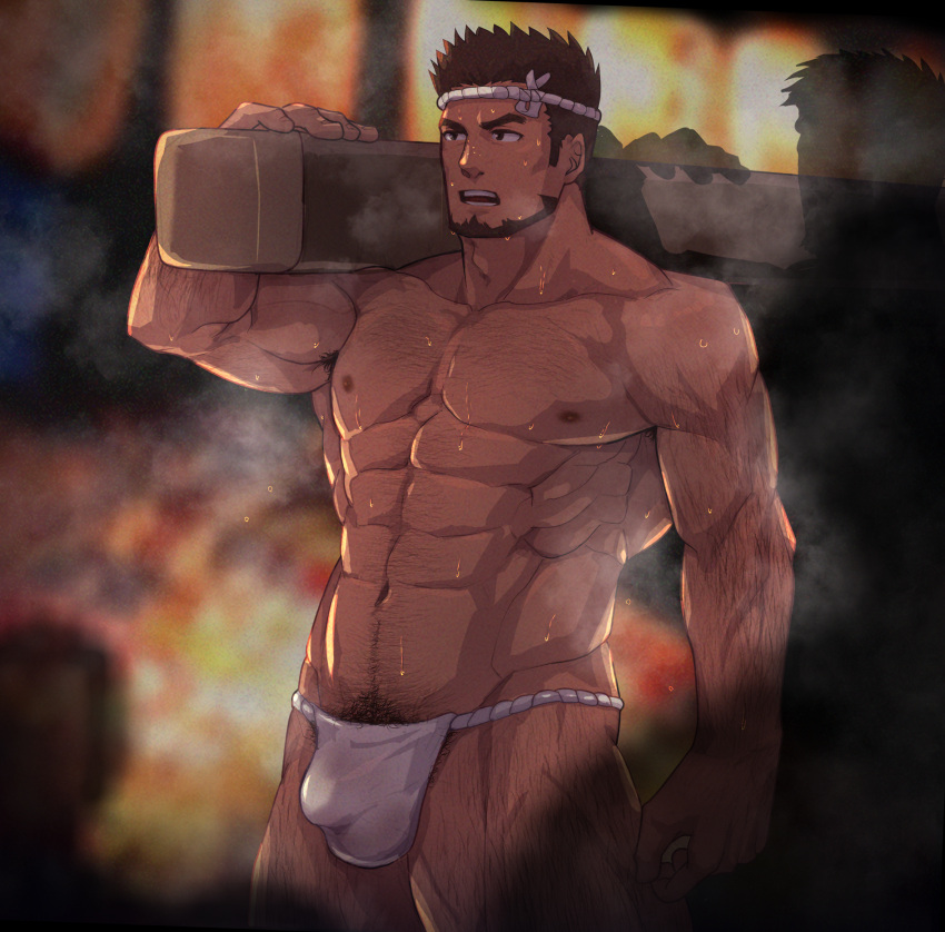 4boys abs arm_hair bara beard breath brown_hair bulge carrying_over_shoulder chest_hair dark-skinned_male dark_skin f-una facial_hair feet_out_of_frame festival fundoshi hachimaki hairy headband highres invisible_man japanese_clothes large_pectorals leg_hair male_focus male_pubic_hair mature_male multiple_boys muscular muscular_male navel navel_hair nipples original pectorals penis pubic_hair pubic_hair_peek short_hair sideburns solo_focus steam stomach sweat thick_thighs thighs topless_male wet_fundoshi