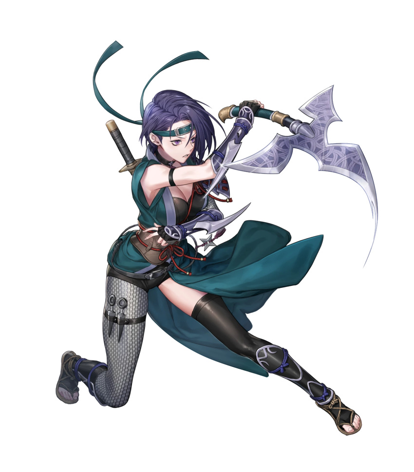 1girl arm_guards armor axe bangs battle_axe belt black_legwear breasts cleavage closed_mouth fingerless_gloves fire_emblem fire_emblem:_three_houses fire_emblem_heroes fishnet_legwear fishnets full_body gloves headgear highres holding holding_weapon japanese_clothes kunai looking_away medium_breasts ninja obi official_art p-nekor parted_bangs parted_lips purple_eyes purple_hair reverse_grip sandals sash shamir_nevrand shiny shiny_clothes shiny_hair short_hair shorts sleeveless solo sword thighhighs thighs toes transparent_background waraji weapon