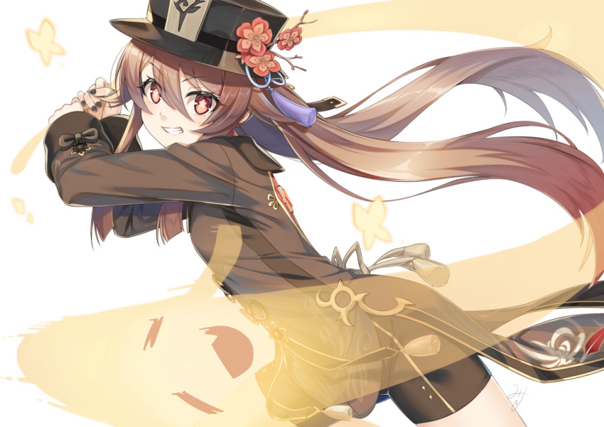 1girl :d bangs black_headwear black_nails black_shorts brown_hair brown_jacket closed_eyes commentary_request eyebrows_visible_through_hair fang flower flower-shaped_pupils frills genshin_impact ghost grin hair_between_eyes hat hat_flower hu_tao_(genshin_impact) jacket long_hair long_sleeves looking_at_viewer miri_(ago550421) nail_polish red_eyes red_flower short_shorts shorts signature simple_background sleeves_past_wrists smile solo symbol-shaped_pupils twintails very_long_hair white_background