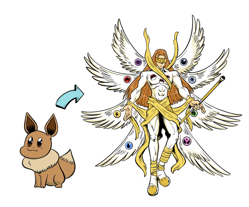 1boy angel angel_wings angemon arrow_(symbol) bodysuit brown_hair commentary digimon digimon_(creature) eevee english_commentary highres long_hair multiple_wings parody pokemon pokemon_(creature) sam_o simple_background visor white_background white_bodysuit white_wings wings