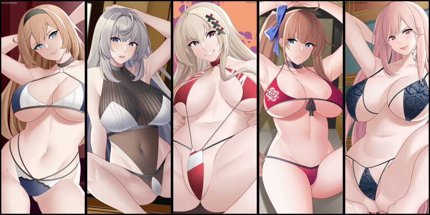 5girls aqua_eyes arm_behind_head arm_tattoo armpits arms_behind_head artist_name aslindsamure bangs banned_artist bare_shoulders bikini black_hairband blonde_hair blue_bikini blue_bow blue_bra blue_eyes blue_panties blue_swimsuit blush bow bra breasts cleavage closed_mouth collarbone competition_swimsuit covered_navel eyebrows_visible_through_hair fal_(girls'_frontline) feet_out_of_frame framed fx-05_(girls'_frontline) girls'_frontline grey_hair hair_bow hairband hand_on_floor hand_on_own_head hand_up highres large_breasts lips long_hair looking_at_viewer lying mole mole_on_breast mole_under_eye multicolored_eyes multicolored_hair multiple_girls navel neck_tattoo on_back on_floor one-piece_swimsuit open_mouth panties patreon_username pink_hair ponytail red_bikini red_bra red_eyes red_panties red_swimsuit sig_mcx_(girls'_frontline) simple_background sitting smile standing stg-940_(girls'_frontline) swimsuit tattoo thighs tkb-408_(girls'_frontline) underwear upper_body white_bra white_panties white_swimsuit