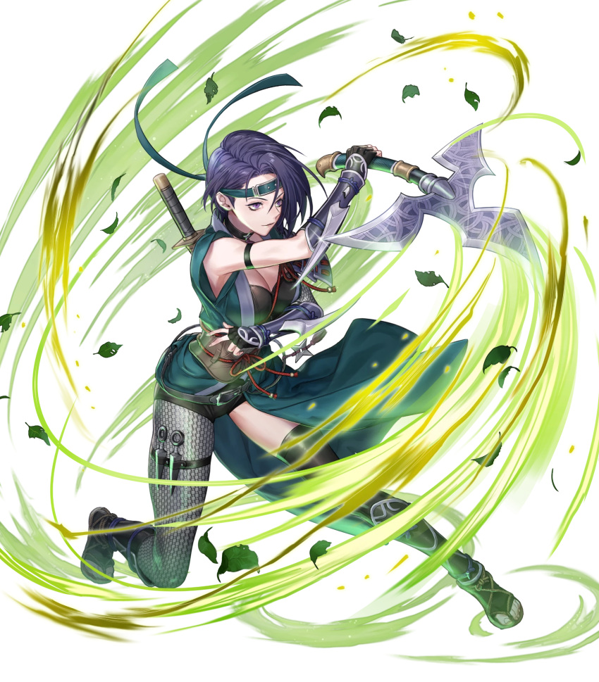 1girl arm_guards armor axe bangs battle_axe belt black_legwear breasts cleavage closed_mouth fingerless_gloves fire_emblem fire_emblem:_three_houses fire_emblem_heroes fishnet_legwear fishnets full_body gloves headgear highres holding holding_weapon japanese_clothes kunai leaf looking_away medium_breasts ninja obi official_art p-nekor parted_bangs purple_eyes purple_hair reverse_grip sandals sash shamir_nevrand shiny shiny_clothes shiny_hair short_hair shorts sleeveless smile solo sword thighhighs thighs toes transparent_background waraji weapon