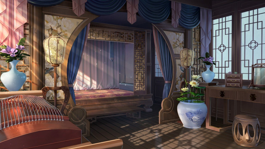 architecture bed chinese_commentary commentary_request curtains east_asian_architecture flower flower_pot guzheng instrument lamp lily_pad lotus mirror moon_gate no_humans original pillow plant scenery shade shelf stool sunlight vase wooden_floor xingzhi_lv