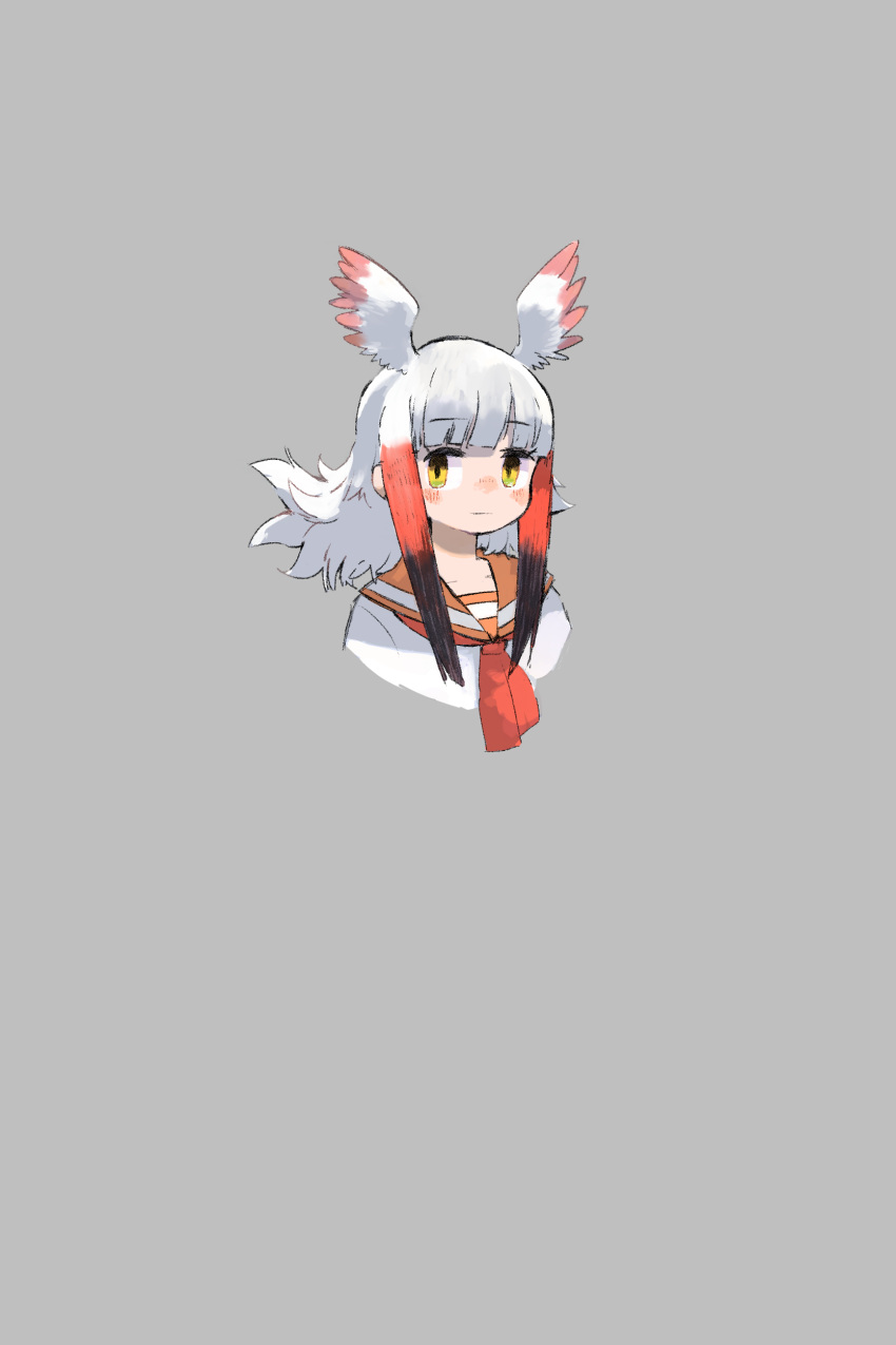 1girl absurdres adapted_costume bangs bird_girl bird_wings black_hair blush buttergirl_02 commentary_request eyebrows_visible_through_hair grey_background head_wings highres japanese_crested_ibis_(kemono_friends) kemono_friends long_hair looking_at_viewer multicolored_hair neckerchief nose_blush red_hair red_neckerchief sailor_collar shirt sidelocks simple_background solo white_hair white_shirt wings yellow_eyes