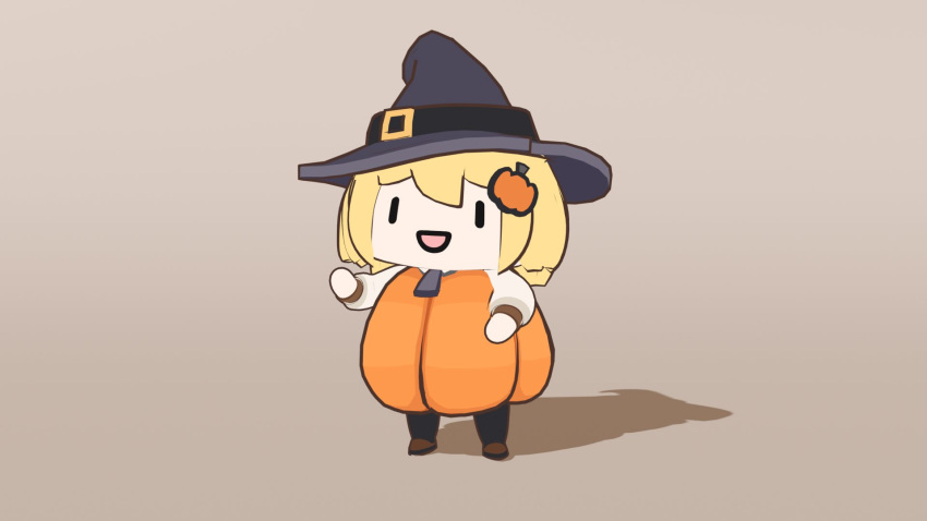 1girl 3d :d belt_buckle black_headwear black_legwear brown_background brown_footwear buckle chibi commentary english_commentary food-themed_hair_ornament full_body hair_ornament hand_up hat hat_belt highres hololive hololive_english long_sleeves looking_at_viewer pumpkin pumpkin_costume pumpkin_hair_ornament seafoamboy simple_background smile smol_ame solo standing virtual_youtuber walfie_(style) watson_amelia witch_hat zipper_pull_tab |_|