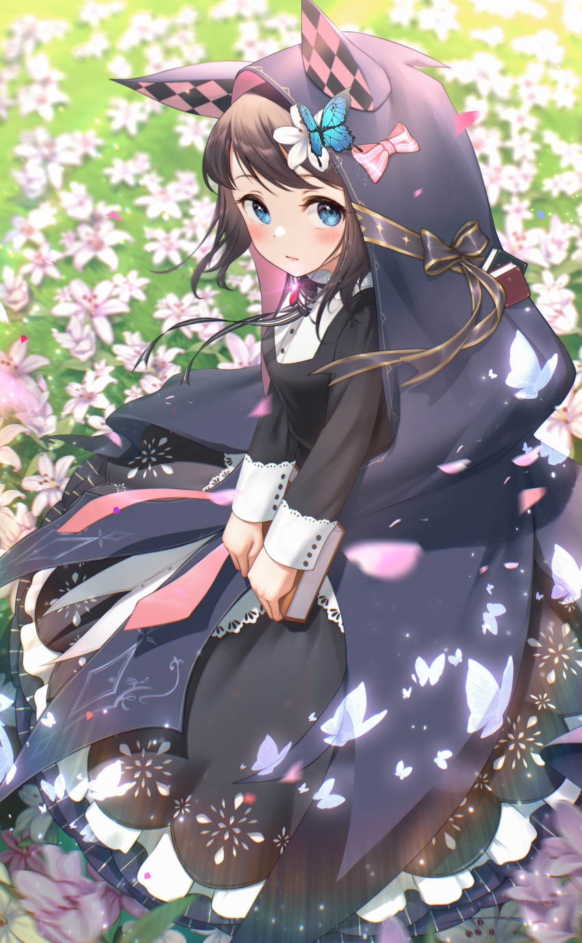 1girl animal_hood black_hair black_shirt blue_butterfly blue_eyes blush bow bug butterfly field flower flower_field francesca_(pride_of_eden) hair_flower hair_ornament highres hood lolittleboy long_sleeves looking_at_viewer making-of_available outdoors pink_bow red:_pride_of_eden shirt white_butterfly