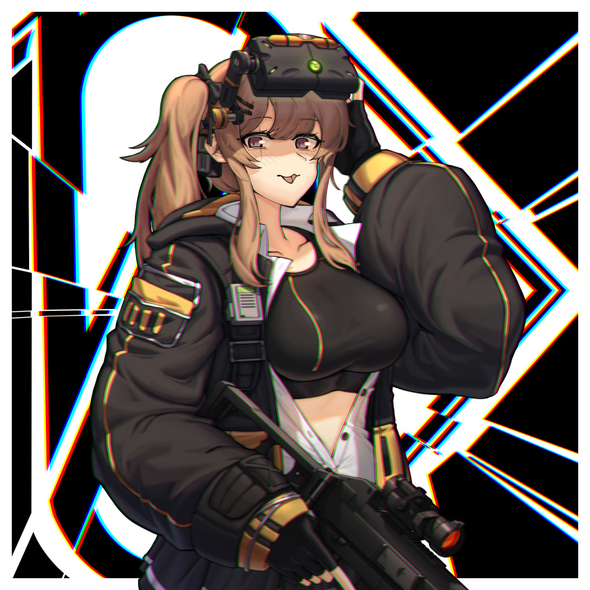 1girl absurdres black_gloves black_jacket black_skirt black_sports_bra blush bow breasts brown_eyes brown_hair collarbone commentary_request eyebrows_visible_through_hair fingerless_gloves girls'_frontline gloves gun h&amp;k_ump hachirodesu hair_bow hand_on_eyewear highres holding holding_gun holding_weapon jacket large_breasts long_hair looking_at_viewer open_clothes open_jacket open_mouth safety_glasses scar scar_across_eye skirt smile solo sports_bra submachine_gun twintails ump9_(girls'_frontline) upper_body weapon