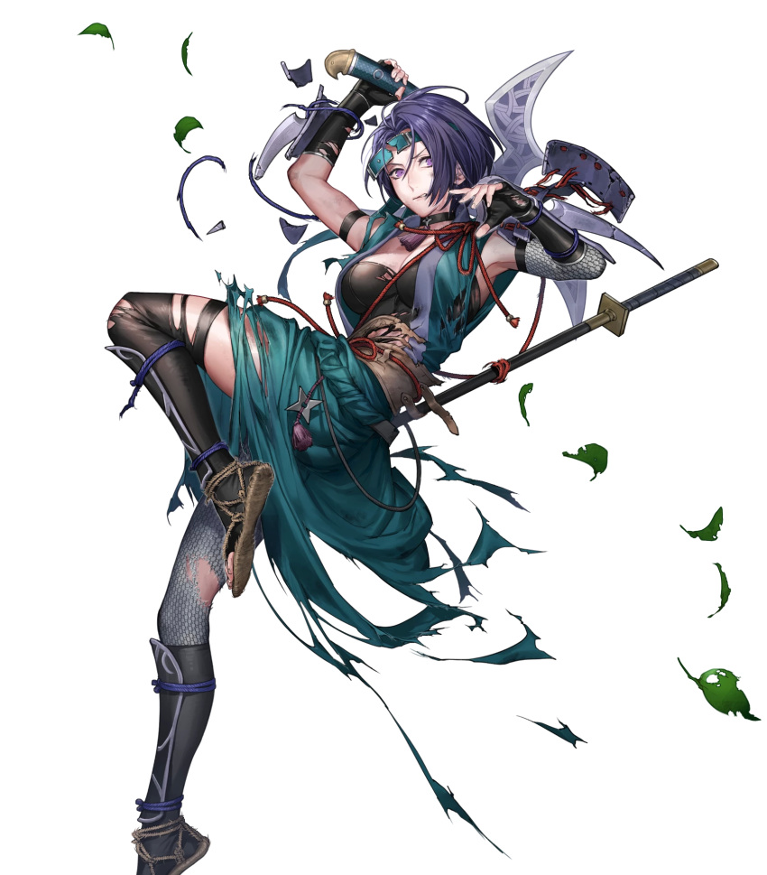 1girl arm_guards armor armpits axe bangs battle_axe black_legwear breasts broken_armor choker clenched_teeth fingerless_gloves fire_emblem fire_emblem:_three_houses fire_emblem_heroes fishnets full_body gloves headgear highres holding holding_weapon japanese_clothes leaf leg_up looking_away medium_breasts ninja obi official_art p-nekor parted_bangs parted_lips purple_eyes purple_hair sandals sash shamir_nevrand shiny shiny_hair short_hair shuriken solo sword teeth thighhighs thighs torn_clothes transparent_background weapon