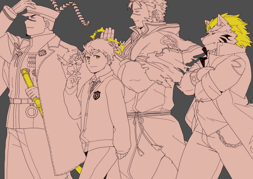 4boys animal_ears arc_(housamo) bara character_request facial_hair feet_out_of_frame fenrir_(housamo) from_side furry furry_male goatee highres holding holding_sword holding_weapon jacob_(housamo) long_sideburns looking_at_viewer male_focus mature_male multiple_boys muscular muscular_male pink_theme short_hair sideburns smile spot_color sword tokyo_afterschool_summoners tsuk8454 walking weapon wolf_boy wolf_ears