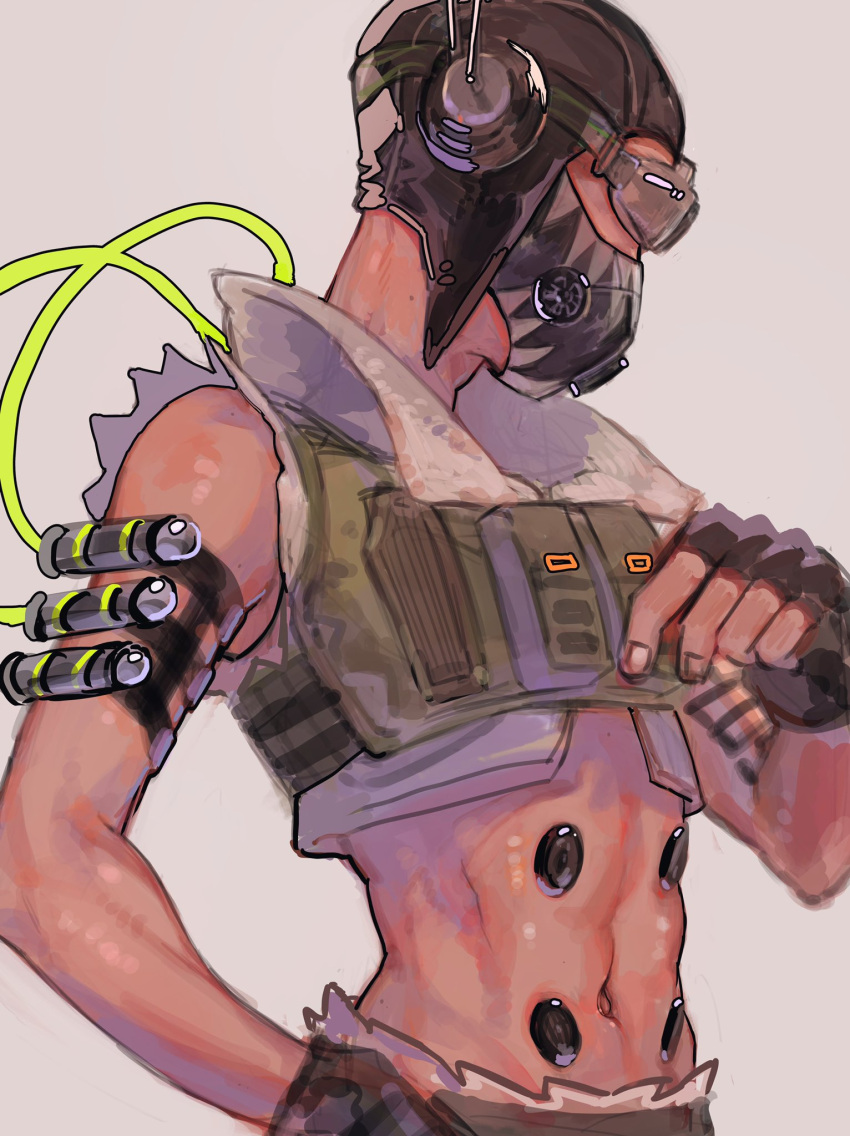 1boy abs apex_legends black_gloves black_headwear cable cropped_vest fingerless_gloves from_side gloves green_vest grey_background hand_on_hip highres kawaniwa male_focus mask midriff mouth_mask navel octane_(apex_legends) solo vest