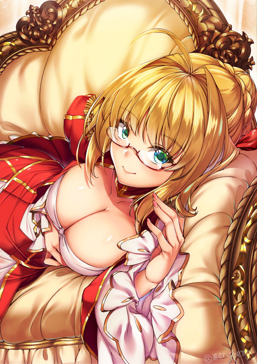 1girl absurdres ahoge artist_name bangs blonde_hair blush braid breasts cleavage closed_mouth collarbone commentary_request couch detached_sleeves dress epaulettes eyebrows_visible_through_hair fate_(series) fingernails french_braid glasses gold_trim green_eyes hair_bun highres lips looking_at_viewer lying medium_breasts nero_claudius_(fate) nero_claudius_(fate/extra) on_side puffy_sleeves red-framed_eyewear red_dress semi-rimless_eyewear shiny shiny_skin shirokuma_a signature simple_background smile solo tied_hair