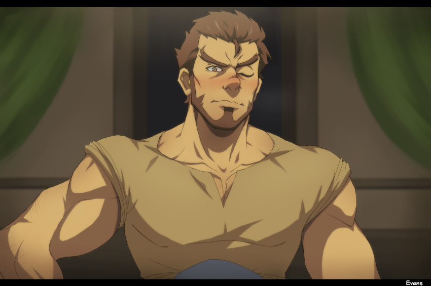 1boy bara beard blush brown_hair brown_shirt dark-skinned_male dark_skin facial_hair front_slit gazef_stronoff hair_slicked_back highres implied_fellatio male_focus mature_male muscular muscular_male overlord_(maruyama) pectoral_cleavage pectorals sexually_suggestive shirt short_hair solo_focus thick_eyebrows tied_sleeves upper_body uu_(pixiv11319066)