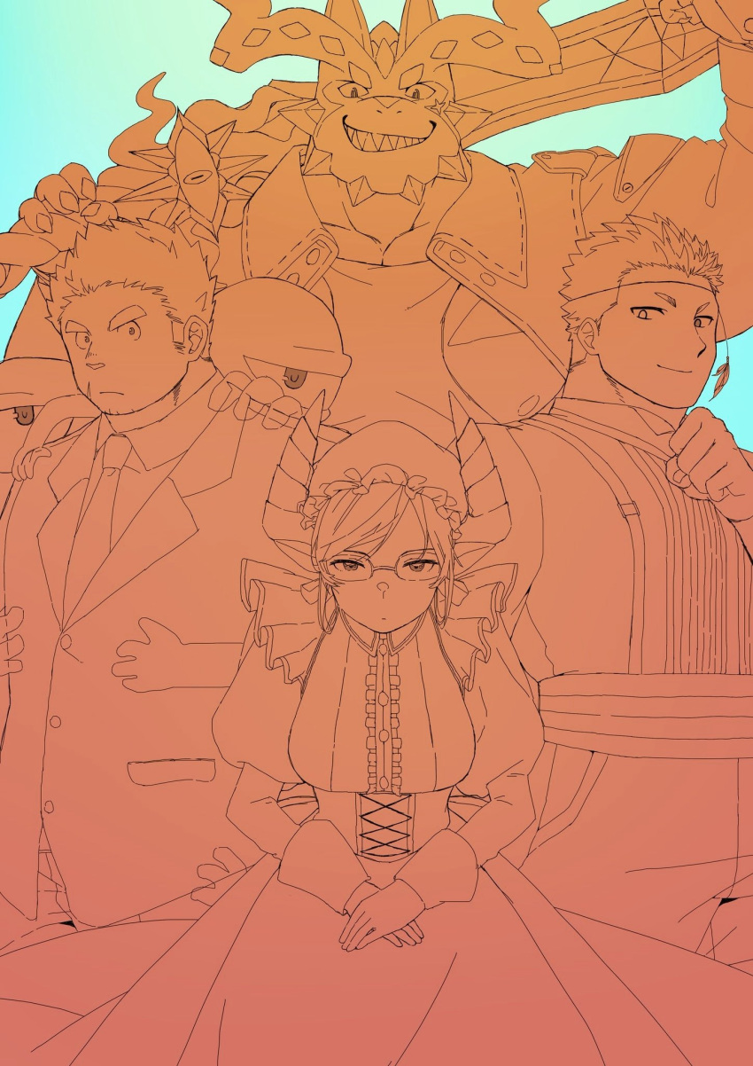 1girl 3boys alternate_costume areolae bara bowing cross-laced_dress cthugha_(housamo) dragon_girl dragon_horns facial_hair feet_out_of_frame fish_boy formal furry furry_male goatee grin gunzo_(housamo) highres horns large_pectorals maid melusine_(housamo) multiple_boys muscular muscular_male necktie orange_theme over_shoulder pectorals pollux_(housamo) sharp_teeth short_hair sideburns sidepec smile spirit stubble sword sword_over_shoulder teeth tentacle_hair thick_eyebrows tokyo_afterschool_summoners tsuk8454 weapon weapon_over_shoulder