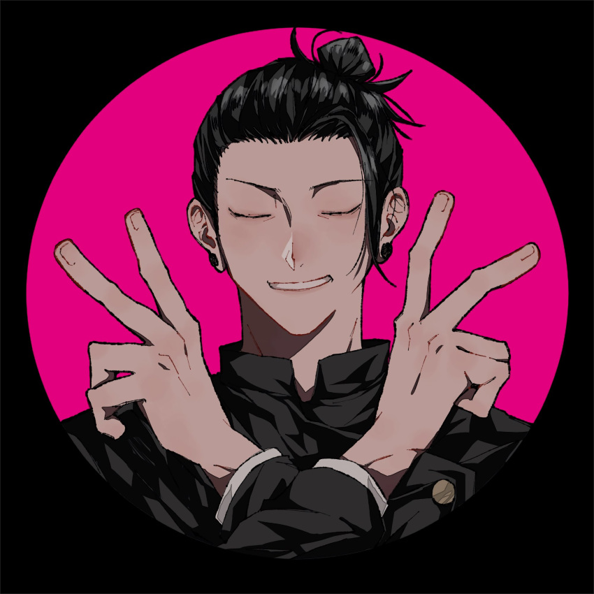 1boy black_background black_hair black_jacket closed_eyes double_v ear_piercing facing_viewer getou_suguru grin hair_bun hair_pulled_back hands_up highres jacket jujutsu_kaisen jujutsu_tech_uniform long_sleeves male_focus nashizato_(99) piercing pink_background short_hair smile solo upper_body v