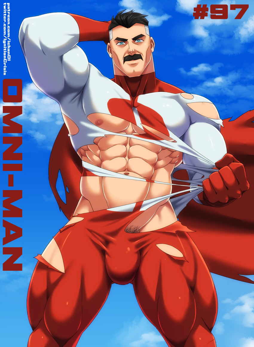 1boy abs absurdres arm_behind_head bara biceps black_hair blue_eyes bodysuit bulge cape cloud covered_nipples day facial_hair highres ignition_crisis invincible_(series) large_pectorals looking_at_viewer male_focus male_pubic_hair mature_male muscular muscular_male mustache navel nipples omniman outdoors patreon_username pectorals pubic_hair red_cape reward_available short_hair sky solo tearing_clothes thick_thighs thighs torn_bodysuit torn_cape torn_clothes twitter_username undercut underpec