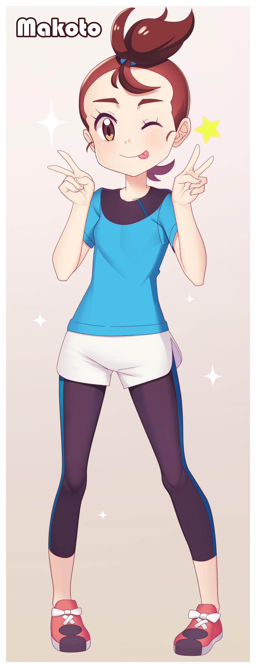 1girl absurdres blue_shirt blush brown_eyes brown_hair character_name closed_mouth collarbone commentary double_v eyelashes full_body gazing_eye hands_up highres knees leggings looking_at_viewer pigeon-toed pokemon pokemon_(anime) pokemon_m20 red_footwear shirt shoes short_sleeves shorts side_slit side_slit_shorts smile solo standing star_(symbol) tied_hair tongue tongue_out topknot v verity_(pokemon) white_shorts