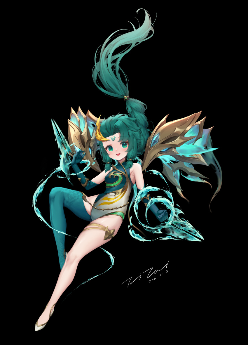 1girl absurdres bare_shoulders black_background blue_gloves blue_legwear blue_leotard breasts clenched_hand commentary_request dated elbow_gloves facial_mark floating_hair forehead forehead_mark full_body gloves green_eyes green_hair highres hydrokinesis kai'sa league_of_legends leotard long_hair shoes signature simple_background single_thighhigh small_breasts solo taitai thighhighs very_long_hair water white_footwear white_leotard