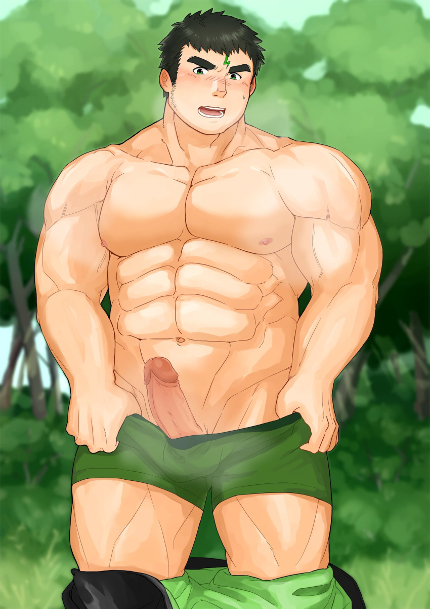 1boy abs bara black_hair blush boxers breath character_request clothes_pull erection facial_hair feet_out_of_frame forest goatee green_eyes green_male_underwear highres large_pectorals long_sideburns looking_at_viewer male_focus male_underwear male_underwear_pull muscular muscular_male nature navel nipples pants pants_pull pectorals penis pulled_by_self short_hair sideburns solo spiked_hair stomach stubble thick_eyebrows thick_thighs thighs tokyo_afterschool_summoners topless_male tsuk8454 uncensored underwear undressing