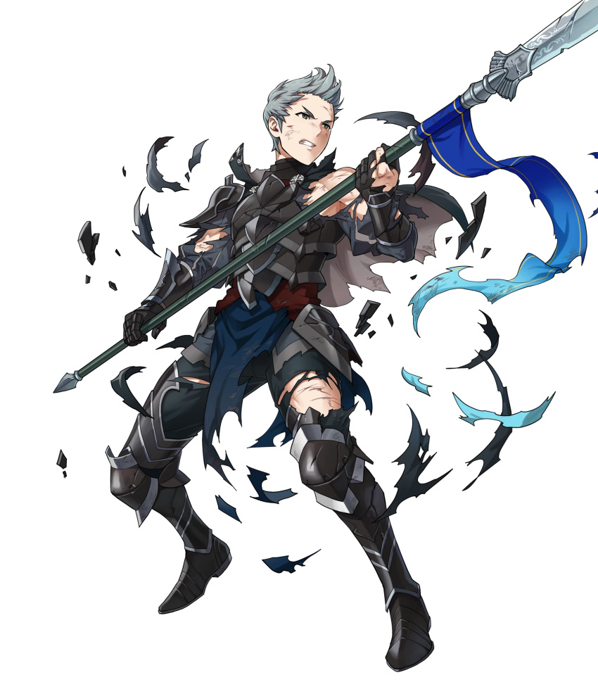 1boy armor armored_boots blue_hair boots cape fire_emblem fire_emblem_heroes fire_emblem_if full_body gloves green_eyes highres indesign injury male_focus nintendo official_art polearm silas_(fire_emblem_if) solo spear teeth torn_clothes transparent_background weapon