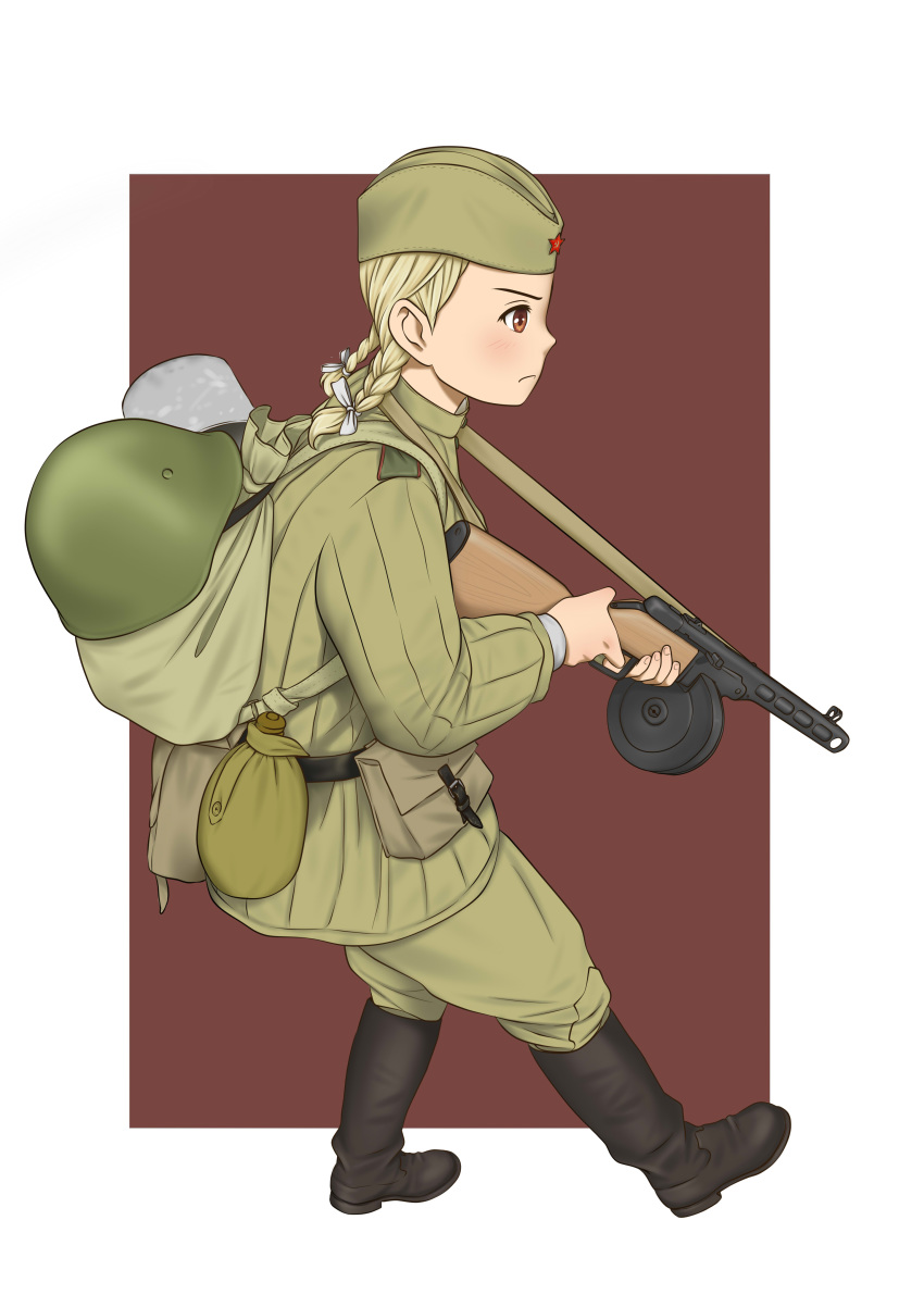 1girl absurdres blonde_hair boots bow braid brown_eyes canteen commentary commentary_request english_commentary garrison_cap gun hair_bow hat helmet highres holding holding_gun holding_weapon military military_uniform millimeter original ppsh-41 russia russian_commentary simple_background soldier solo submachine_gun twin_braids uniform weapon world_war_ii