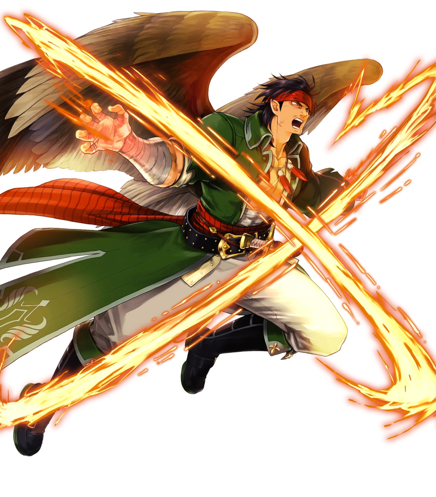 1boy bandage belt boots feathered_wings feathers fire fire_emblem fire_emblem:_akatsuki_no_megami fire_emblem:_souen_no_kiseki fire_emblem_heroes full_body headband highres jewelry male_focus necklace nintendo official_art open_clothes open_mouth open_shirt pointy_ears scar solo suekane_kumiko teeth tibarn transparent_background wings yellow_eyes