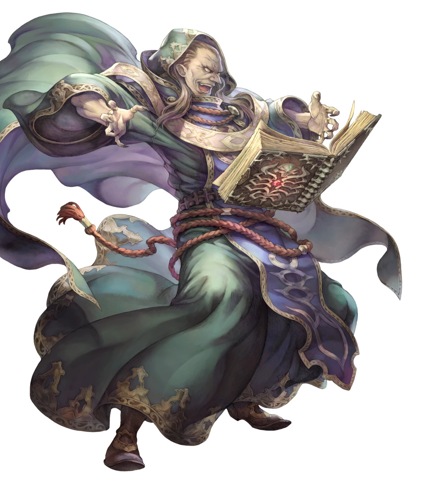 1boy belt book boots bracelet brown_hair cape fire_emblem fire_emblem:_monshou_no_nazo fire_emblem_heroes full_body gharnef haccan highres hood jewelry male_focus nail_polish nintendo official_art open_mouth ring solo teeth transparent_background yellow_eyes