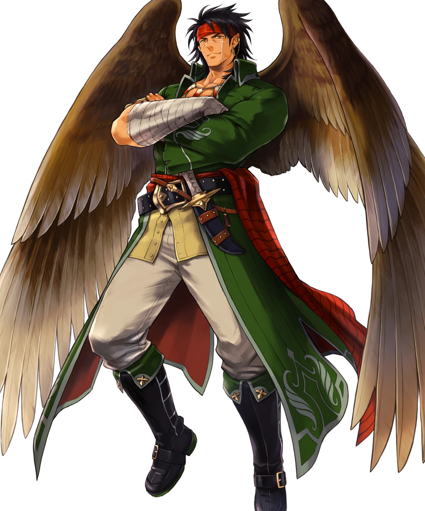 1boy bandage belt boots brown_hair crossed_arms dagger earrings feathered_wings feathers fire_emblem fire_emblem:_akatsuki_no_megami fire_emblem:_souen_no_kiseki fire_emblem_heroes full_body headband highres jewelry male_focus necklace nintendo official_art piercing pointy_ears scar solo suekane_kumiko tibarn transparent_background weapon wings