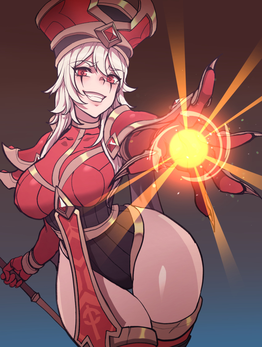 1girl armor breasts cape carcass_(artist) casting_spell cleavage elbow_gloves eyebrows_visible_through_hair gem gloves grey_hair hair_between_eyes hat heroes_of_the_storm highleg highleg_leotard highres holding holding_staff jewelry large_breasts leotard long_hair necklace pauldrons red_eyes red_gloves red_headwear red_legwear sally_whitemane shoulder_armor sketch smile solo staff teeth thick_thighs thighhighs thighs warcraft world_of_warcraft