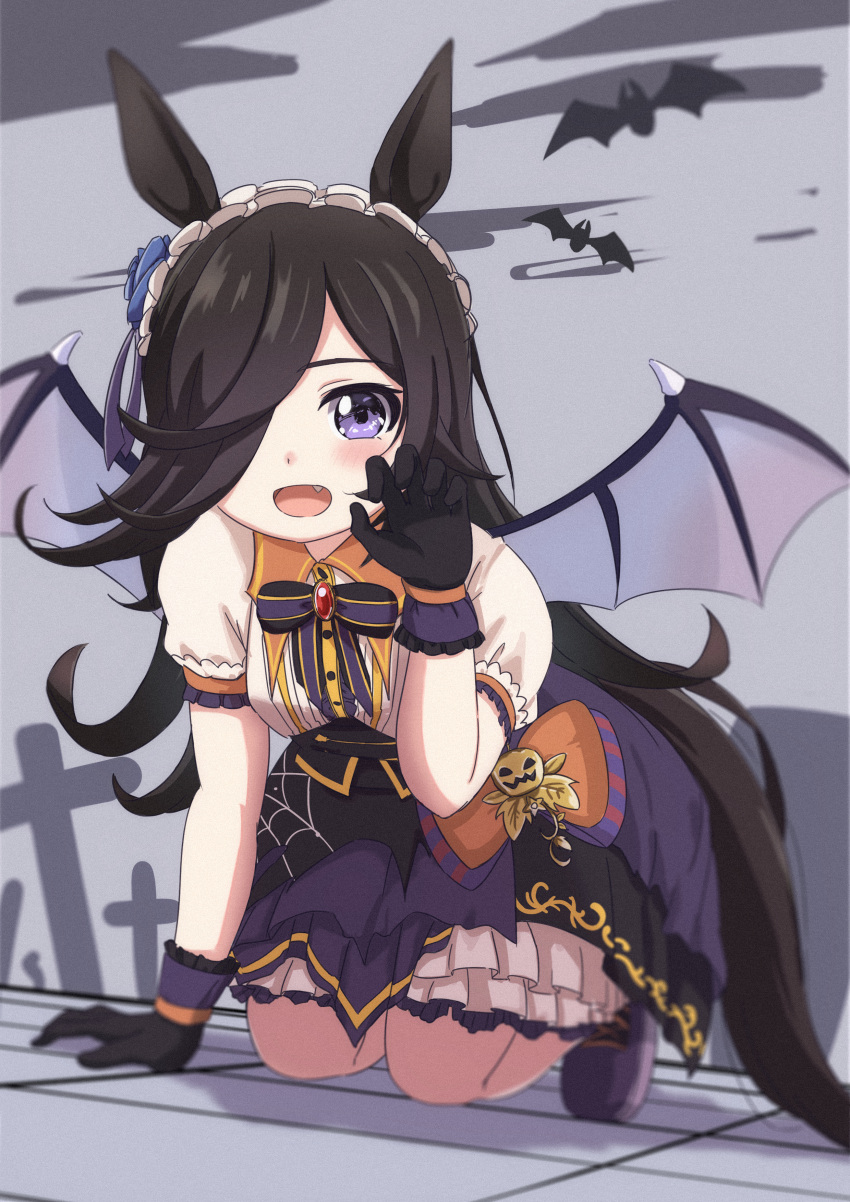 1girl absurdres animal_ears arm_support bat black_bow black_bowtie black_gloves black_hair black_wings blue_flower blue_rose bow bowtie brooch claw_pose collared_shirt commentary demon_wings fang flower frilled_hairband frilled_skirt frills gloves hair_flower hair_ornament hair_over_one_eye hairband halloween halloween_costume highres horse_ears horse_girl horse_tail jack-o'-lantern_ornament jewelry kneeling leaning_forward long_hair looking_at_viewer make_up_in_halloween!_(umamusume) medium_skirt onomaoo open_mouth orange_bow puffy_short_sleeves puffy_sleeves purple_eyes purple_footwear purple_skirt rice_shower_(umamusume) rose shirt shoes short_sleeves skirt smile solo tail umamusume white_hairband white_shirt wings