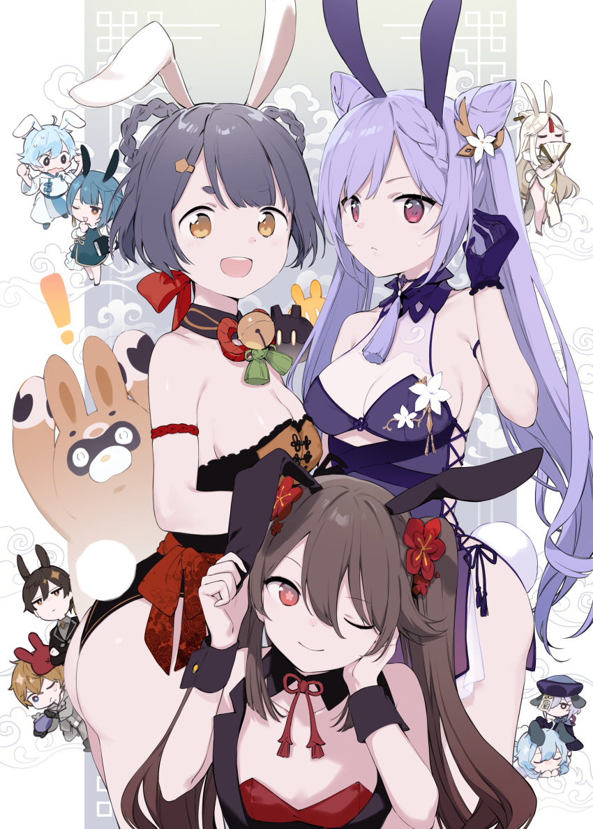 ! 4boys 6+girls ;) absurdres animal_ears ass bare_shoulders black_hair braid breasts brown_hair chibi china_dress chinese_clothes chongyun_(genshin_impact) cleavage closed_eyes double_bun dress flower fujiyama ganyu_(genshin_impact) genshin_impact gloves guoba_(genshin_impact) hair_bun hair_flower hair_ornament half-closed_eyes hand_fan hat highres hu_tao_(genshin_impact) jiangshi keqing_(genshin_impact) leotard looking_at_viewer medium_breasts multiple_boys multiple_girls ningguang_(genshin_impact) one_eye_closed open_mouth panda playboy_bunny qiqi_(genshin_impact) rabbit_ears red_eyes short_hair sleeveless sleeveless_dress slime_(genshin_impact) smile star-shaped_pupils star_(symbol) symbol-shaped_pupils tartaglia_(genshin_impact) twin_braids twintails vest wrist_cuffs xiangling_(genshin_impact) xingqiu_(genshin_impact) yellow_eyes
