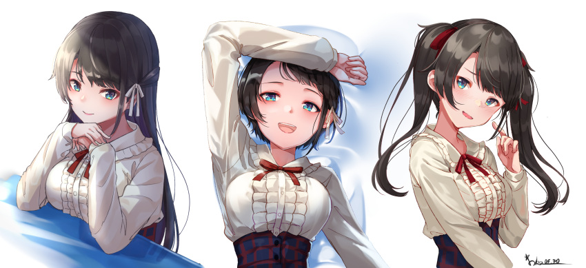 1girl absurdres alternate_hair_length alternate_hairstyle black_hair blouse blue_eyes blue_skirt blush bow bowtie breasts center_frills closed_mouth collared_blouse commentary_request dated eyebrows_visible_through_hair frills hair_ribbon high-waist_skirt highres hololive kinoko_(shikimylove) large_breasts long_hair long_sleeves looking_at_viewer multiple_views oozora_subaru open_mouth parted_lips plaid plaid_skirt red_bow red_bowtie red_ribbon ribbon short_hair signature skirt smile teeth twintails upper_body upper_teeth virtual_youtuber white_background white_blouse white_ribbon