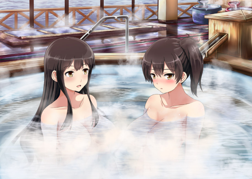 2girls akagi_(kancolle) bangs bathing black_hair blush breasts brown_eyes commentary_request eyebrows_visible_through_hair inoshira kaga_(kancolle) kantai_collection large_breasts long_hair looking_at_another looking_at_viewer medium_hair multiple_girls nude onsen open_mouth parted_lips side_ponytail steam straight_hair water