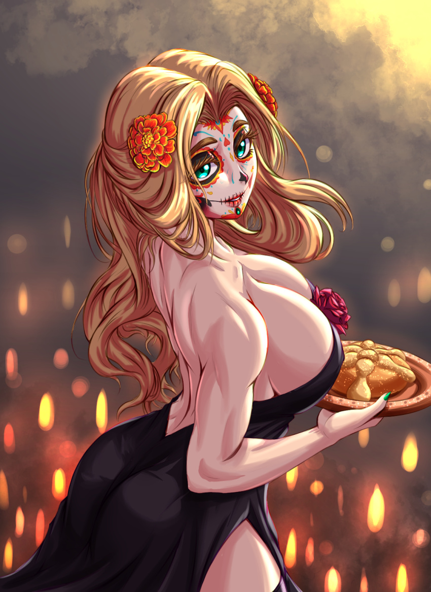 1girl bangs blush breasts chin_piercing cleavage colored_eyelashes dia_de_muertos dress facepaint fate/grand_order fate_(series) flower food green_eyes green_nails hair_flower hair_ornament highres jewelry large_breasts long_hair mexico muscular muscular_female nail_polish parted_lips quetzalcoatl_(fate) skull smile solo teeth zantyarz