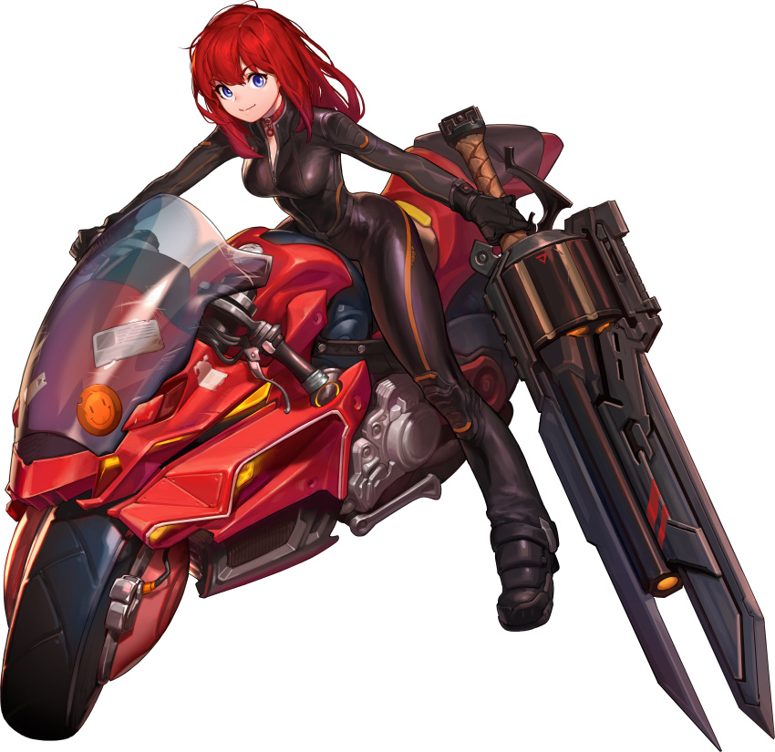 1girl absurdres bangs biker_clothes bikesuit black_gloves blue_eyes bodysuit breasts collar eyebrows_visible_through_hair game_cg gloves ground_vehicle guardian_tales gun gunblade highres holding holding_weapon large_breasts long_hair looking_at_viewer motor_vehicle motorcycle movie_star_eugene official_art red_hair skin_tight smile solo sword transparent_background weapon zipper