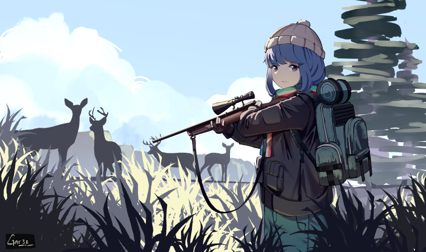 1girl absurdres animal backpack bag bangs beanie black_gloves black_jacket blue_hair blue_pants blue_sky brown_eyes closed_mouth cloud cloudy_sky commentary cowboy_shot day deer english_commentary eyebrows_visible_through_hair gar32 gloves grass grey_headwear gun hat highres holding holding_gun holding_weapon hunting jacket left-handed long_sleeves looking_at_viewer looking_to_the_side outdoors pants rifle scarf shima_rin signature silhouette sky smile sniper_rifle sniper_scope solo standing striped striped_scarf tall_grass weapon weapon_request yurucamp