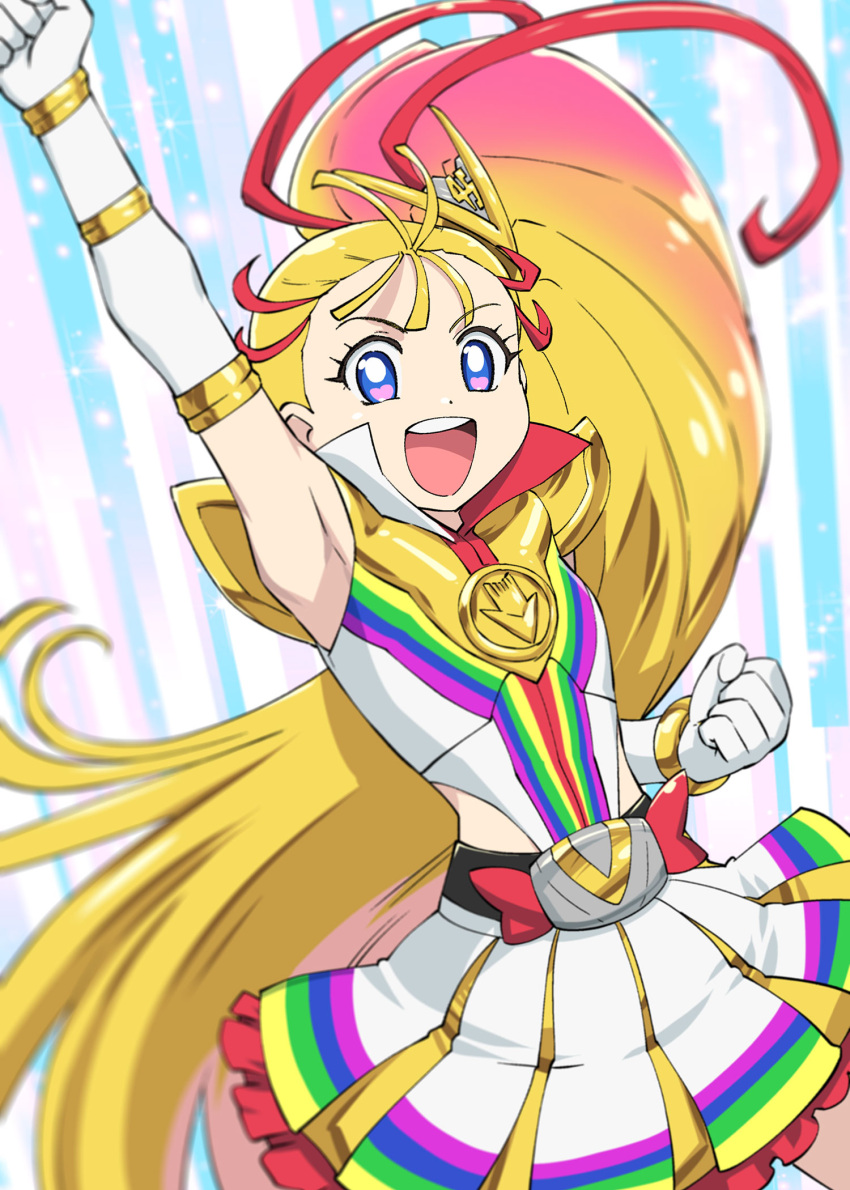 1girl arm_up armpits blonde_hair blue_eyes cosplay cure_summer elbow_gloves fusion gloves gradient_hair heart heart_in_eye highres kikai_sentai_zenkaiger long_hair looking_at_viewer magical_girl multicolored_clothes multicolored_hair multicolored_shirt multicolored_skirt natsuumi_manatsu open_mouth pink_hair precure shirt skirt sleeveless sleeveless_shirt smile solo super_sentai symbol_in_eye tropical-rouge!_precure two-tone_hair ueyama_michirou very_long_hair white_gloves zenkaizer zenkaizer_(cosplay)