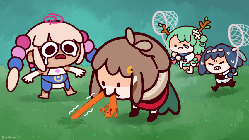 4girls antlers branch brown_hair butterfly_net ceres_fauna chibi commentary crying crying_with_eyes_open dark-skinned_female dark_skin eating english_commentary feathers flower grass green_hair hair_flower hair_intakes hair_ornament hand_net headband highres hololive hololive_english keenbiscuit limiter_(tsukumo_sana) long_hair multiple_girls nanashi_mumei ouro_kronii outdoors ponytail short_hair sweatdrop teardrop tears tsukumo_sana twintails twitter_username virtual_youtuber worms yatagarasu_(tsukumo_sana)