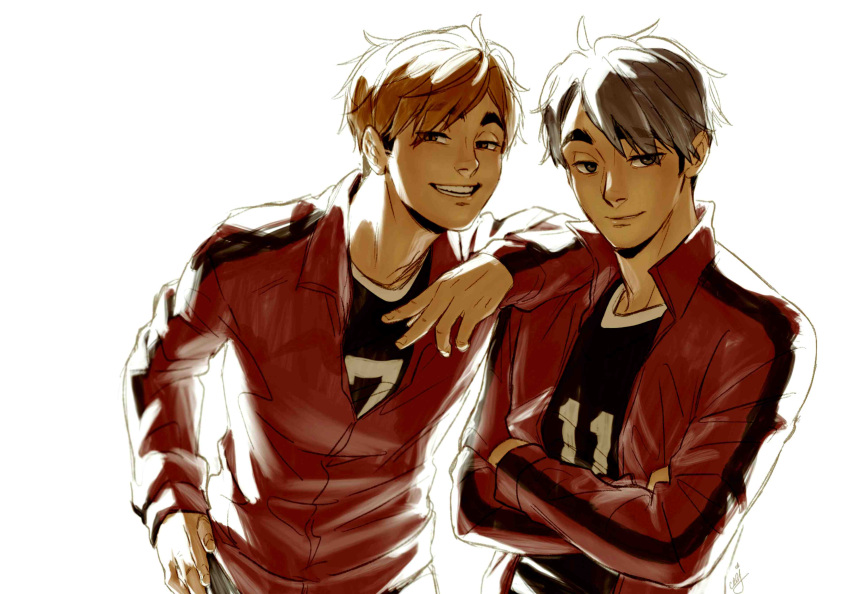 2boys absurdres bangs blonde_hair brothers brown_eyes ceejles crossed_arms eyebrows grey_eyes grey_hair grin haikyuu!! hair_between_eyes highres jacket jersey leaning leaning_on_person long_sleeves looking_at_viewer male_focus miya_atsumu miya_osamu multicolored_hair multiple_boys open_clothes parted_lips short_hair siblings sleeves_past_elbows smile sportswear standing symbol-only_commentary teeth track_jacket track_suit twins two-tone_hair volleyball_uniform white_background