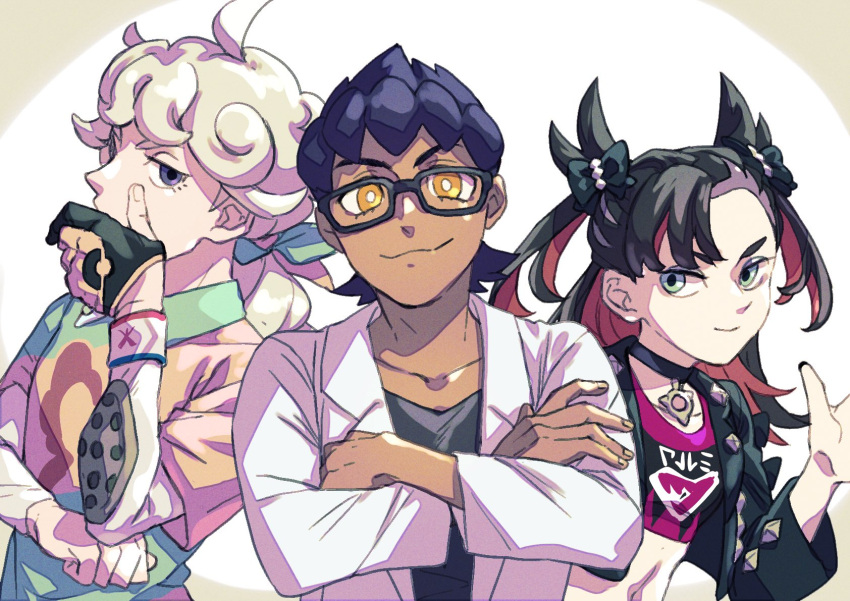 1girl 2boys asymmetrical_bangs bangs bede_(pokemon) bespectacled black_choker black_hair black_jacket blonde_hair bright_pupils choker closed_mouth collarbone commentary_request covering_mouth crossed_arms curly_hair dark-skinned_male dark_skin dynamax_band glasses gloves green_eyes grey_eyes hand_up highres hop_(pokemon) jacket komame_(st_beans) labcoat long_sleeves marnie_(pokemon) multiple_boys navel older open_clothes open_jacket partially_fingerless_gloves pokemon pokemon_(game) pokemon_swsh shirt short_hair short_sleeves single_glove smile undershirt white_pupils yellow_eyes