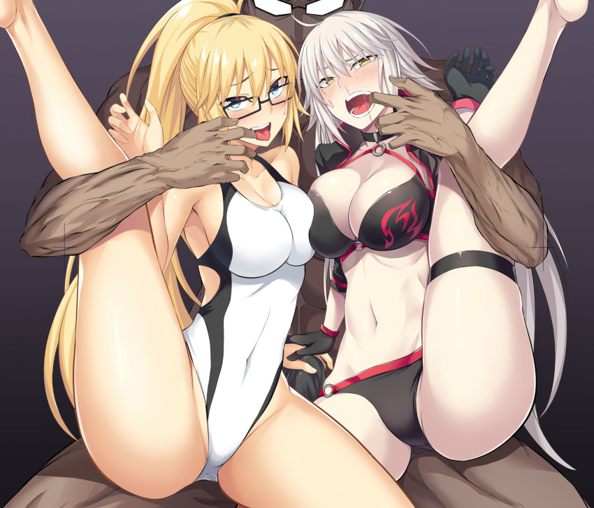 1boy 2girls bangs bikini black_bikini blonde_hair breasts fate/grand_order fate_(series) flame_print forced glasses gloves glowing_glasses held_down highres ijima_yuu jeanne_d'arc_(alter_swimsuit_berserker)_(fate) jeanne_d'arc_(fate) jeanne_d'arc_(swimsuit_archer)_(fate) large_breasts leg_up long_hair looking_at_viewer multiple_girls one-piece_swimsuit opaque_glasses open_mouth restrained simple_background smile spread_legs swimsuit thigh_strap thighhighs white_hair